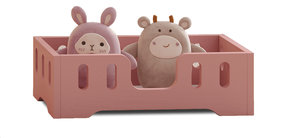 Drewniane łóżko dla lalek z podłużnymi wycięciami w barierkach ze sklejki sosnowej w kolorze różowym